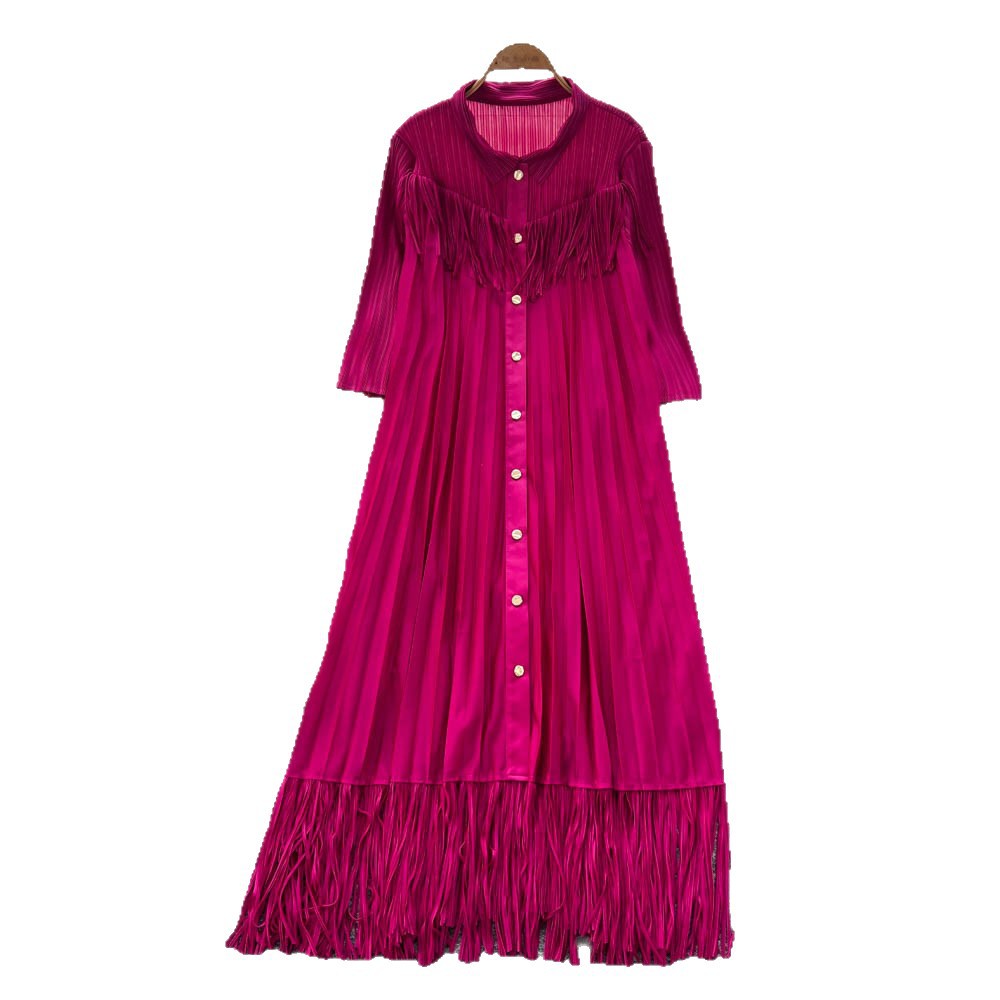 Elegant and chic tassel-trimmed loose-fit dress - women's commute-ready, high-end, slimming a-line long-sleeve shirt dress