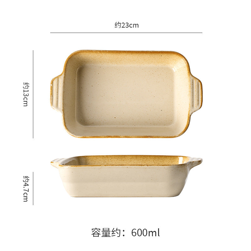 Creative kiln-turned double-ear ceramic baking dish baking tool cheese rice pizza plate pasta plate barbecue rectangular plate