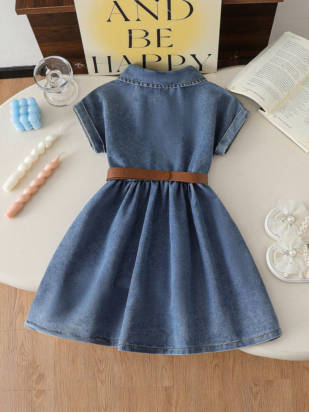 hot-selling girls' a-line denim washed dress with turn-down collar - cross-border exclusive
