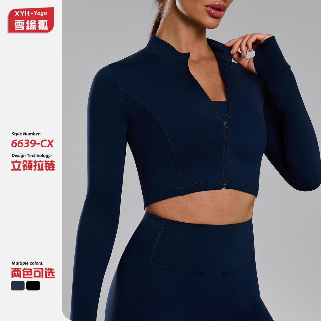 European and American  stand-up collar zipper cardigan long-sleeved thumb hole sportswear slim-fit nude yoga clothes long-sleeved women's autumn and winter