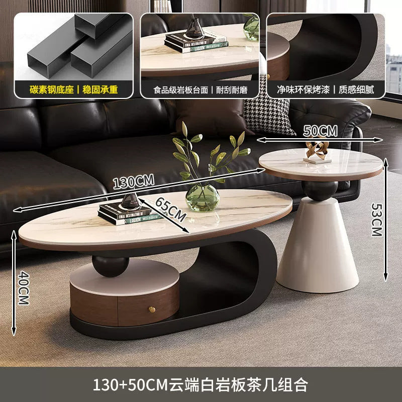 Wabi-sabi style coffee table, oval rock slab combination, small apartment home living room, retro high-end storage design tea table