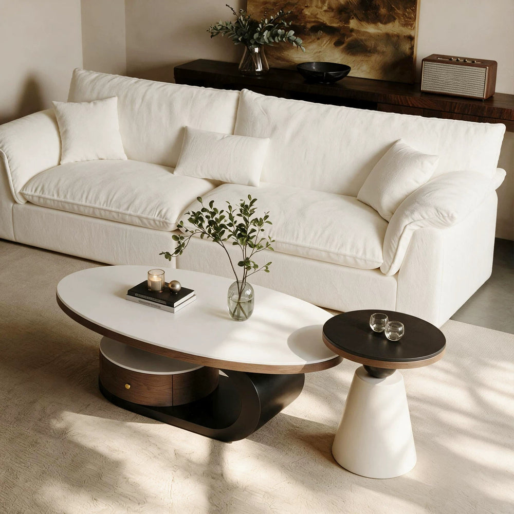 Wabi-sabi style coffee table, oval rock slab combination, small apartment home living room, retro high-end storage design tea table