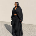 European and american cross-border women's fashion:  summer new collection - stylish v-neck pleated top and high-waisted midi skirt set