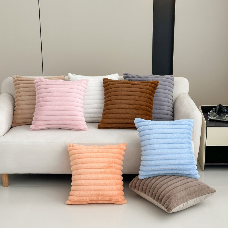 Simple solid color rabbit fur plush cushion pillow cover wide stripe bedroom living room sofa bed headrest pillow cross-border