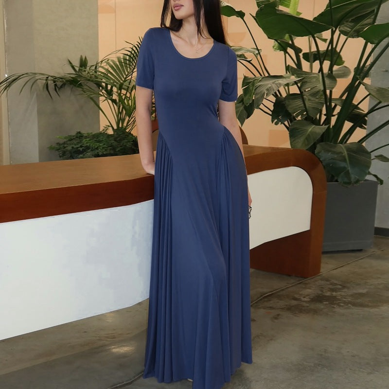 European and american women's clothing  summer new arrivals: solid color fashionable elegant round neck slim fit short sleeve a-line maxi dress