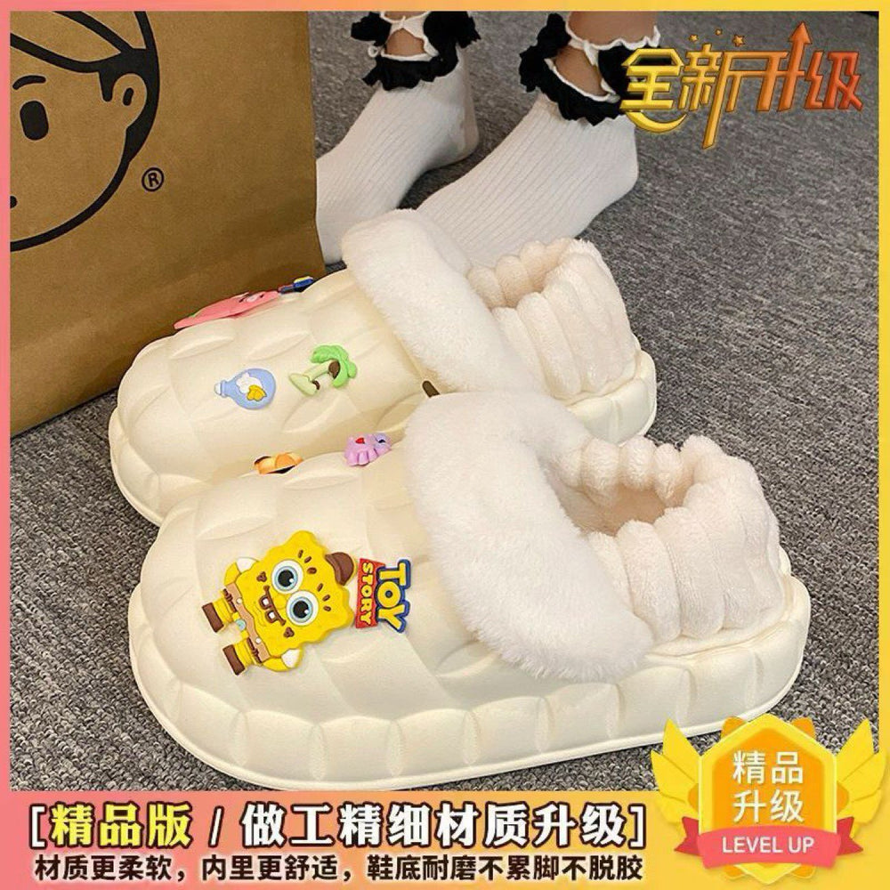 2025 cotton slippers - removable & washable, women's winter home & outdoor wear, thick sole, closed heel, fleece-lined, cartoon design, warm & cozy
