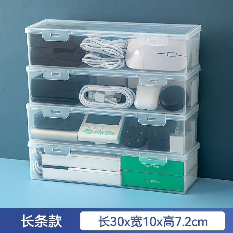 Desktop long rectangular storage box with lid grid transparent storage box flip plastic data cable storage box