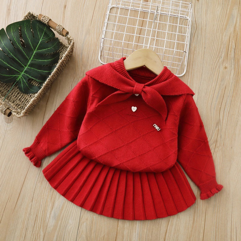 Girls' knitted sweater dress set - new autumn  collection: navy collar two-piece set, preppy style