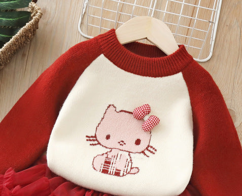 Girlsweaterthickenedall-in-one velvet with tutu skirttwo-piece set for baby girls round neckthickened bottom shirtsuit
