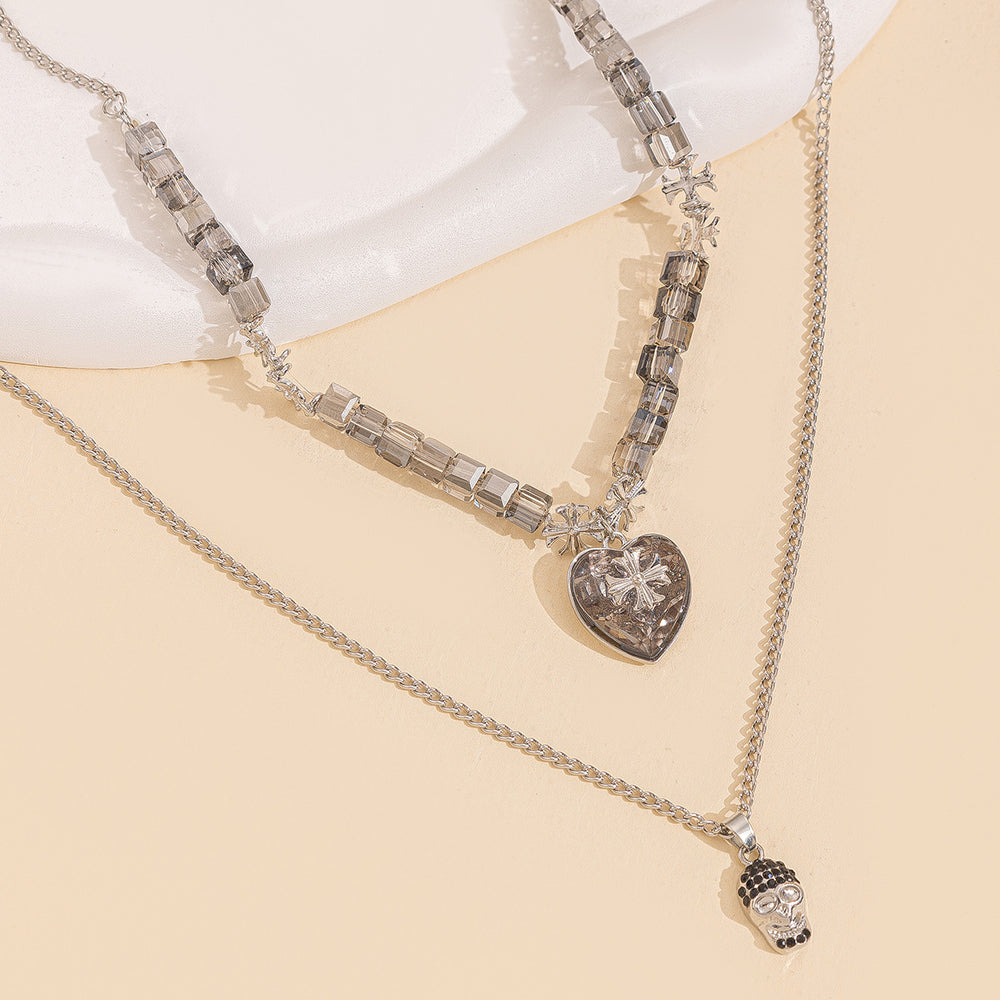 Hip-hop trendy versatile skull pendant necklace - statement layered metal heart cross men's necklace