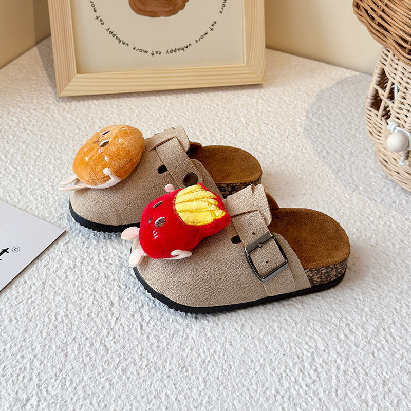 New children's birkenstock-style slippers - cartoon burger & fries design - spring/autumn outdoor wear - cute flat thick sole baby slippers