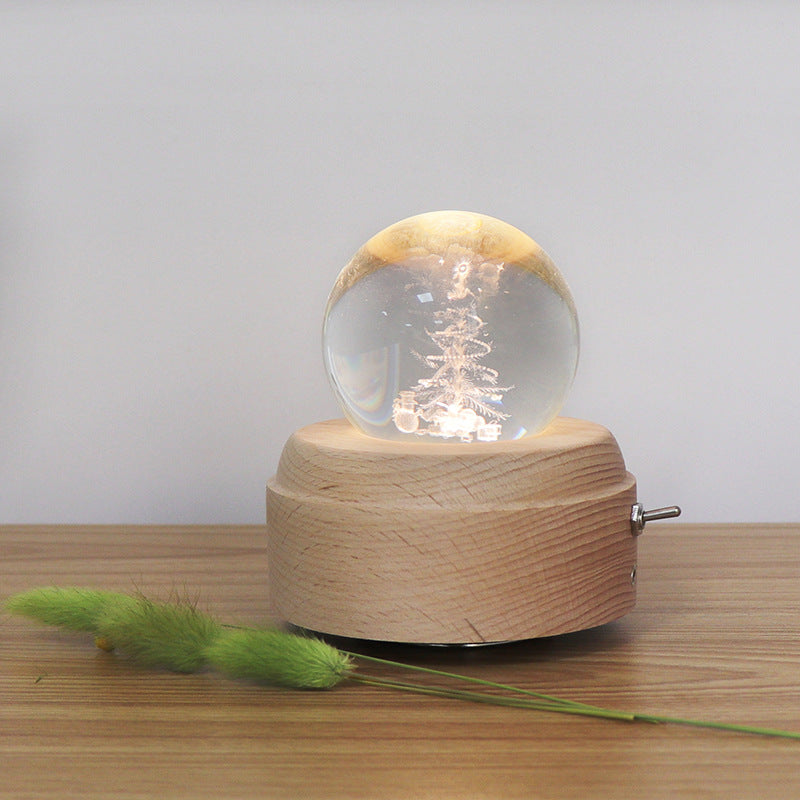 ins girl bedside lamp music box crystal ball wooden base music box charging luminous rotating music box