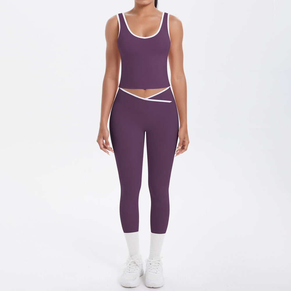 popular double-sided brushed contrast color tight breathable cross yoga suit sports running fitness two-piece set