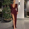 2025 cross-border amazon & wish european & american women's sexy one-shoulder long sleeve sequin dress slit maxi dress ins spring collection