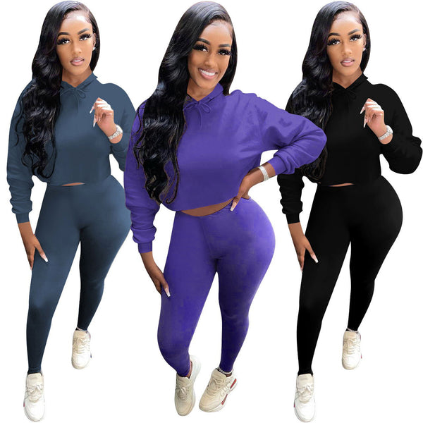 YD1083 special products are non-refundable and non-exchangeable, European and American fashion and leisure, solid color hooded two-piece set,  women's clothing