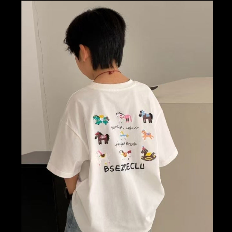 White cotton boys' short-sleeve t-shirt - summer  new arrival - loose fit, casual cartoon print, kids' half-sleeve tee (style 006)