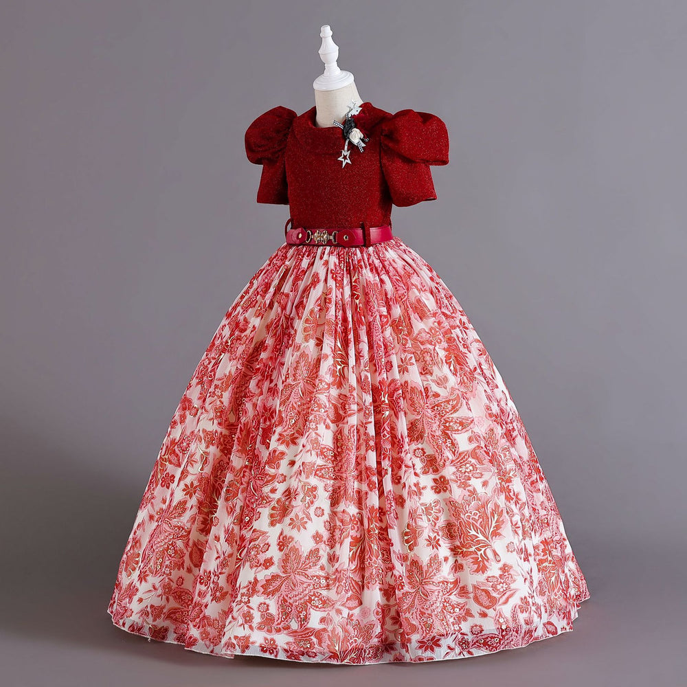Exportnew arrival children's clothing chiffon retro pattern kids dress girl wearing waist princess dressgirl dress