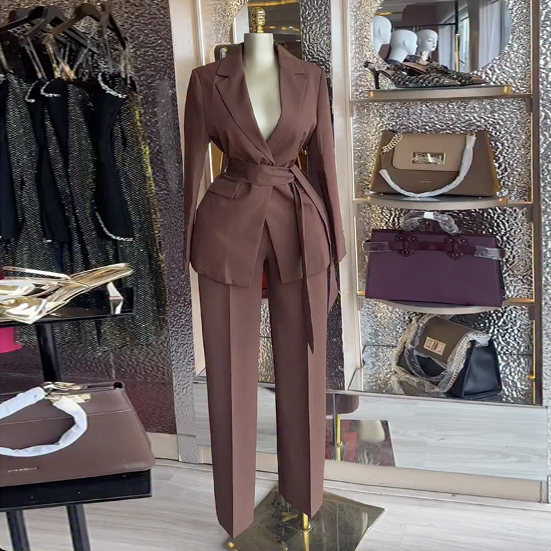 European and american cross-border women's fashion:  spring new collection - solid color tie-waist long sleeve blazer and high-waisted pants set
