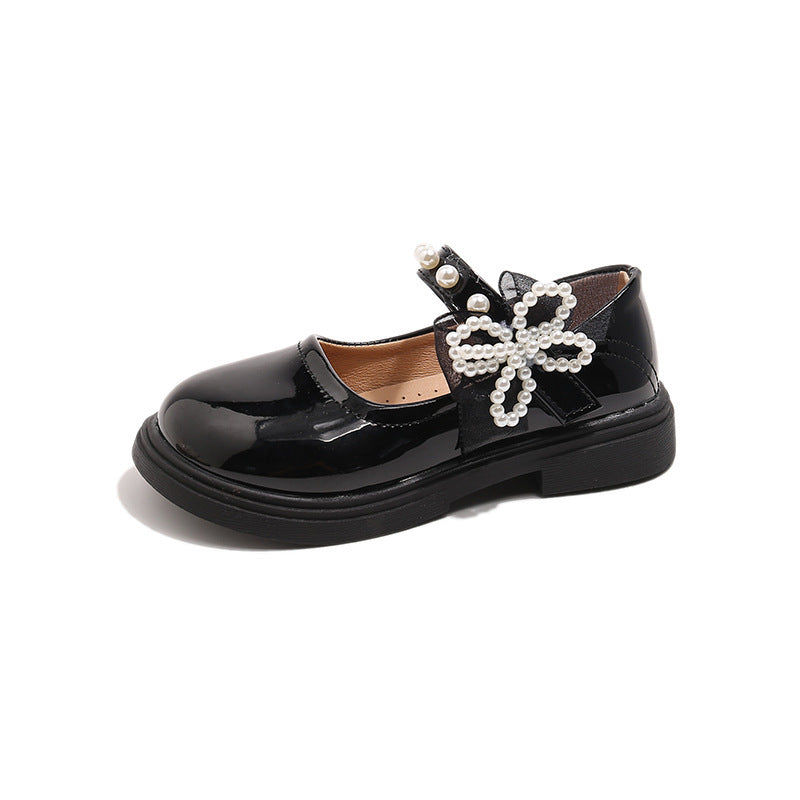 Vancahao kids' black leather shoes -  autumn new collection - girls' fashionable beaded bowknot patent leather princess shoes