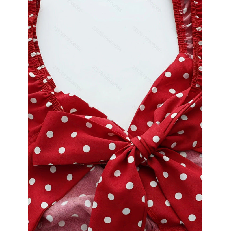 Women's summer casual elegant polka dot print v-neck ruffle trim pleated bow tie waist long maxi dress