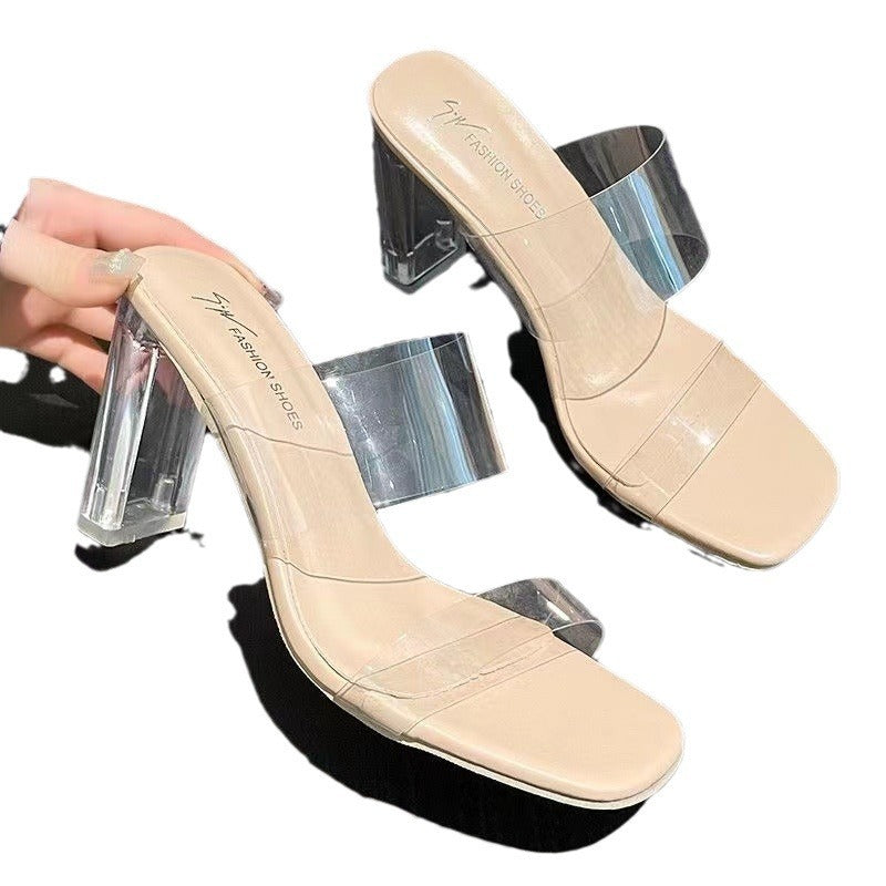 Plus size clear heel sandals for women - 2024 summer new arrival: single strap high heel slides, crystal heel chunky heel sandals