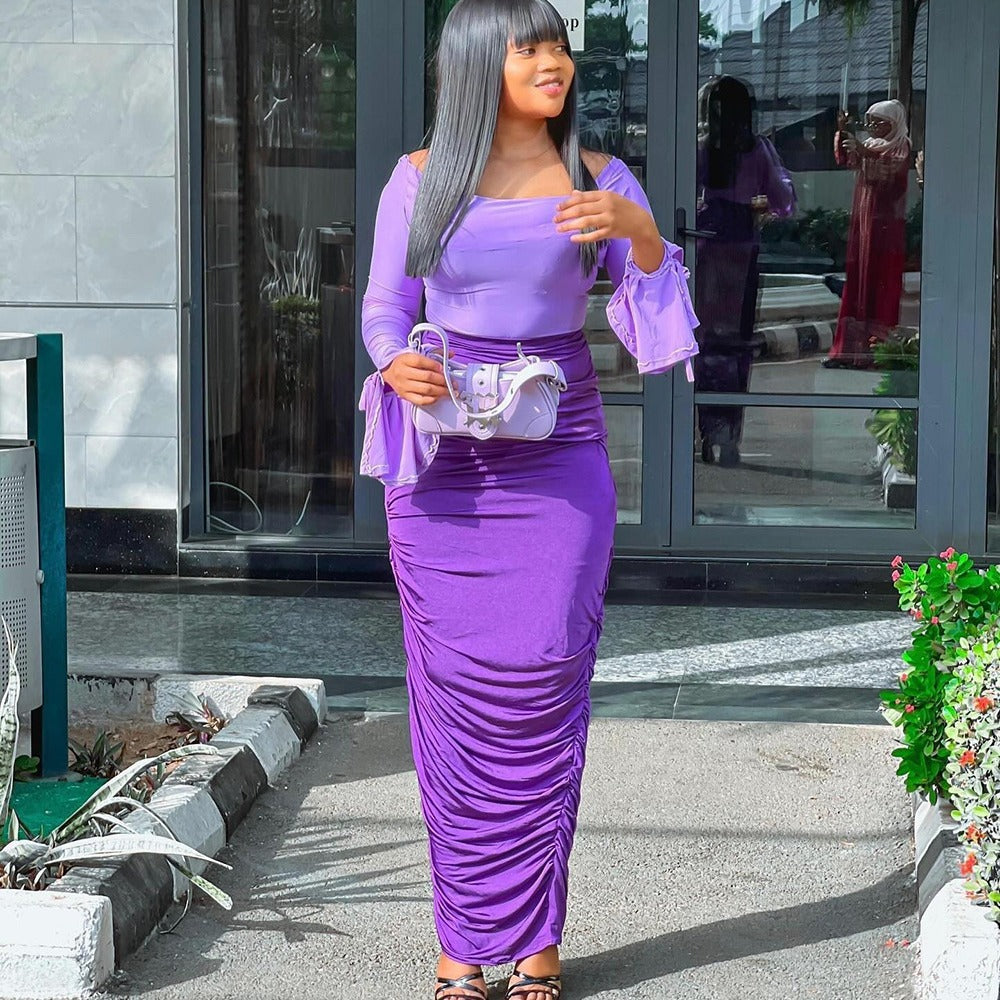 European and american style skirt suit  spring festival new arrivalfashionsexy hot girl bell sleeve tops pleated hip skirt