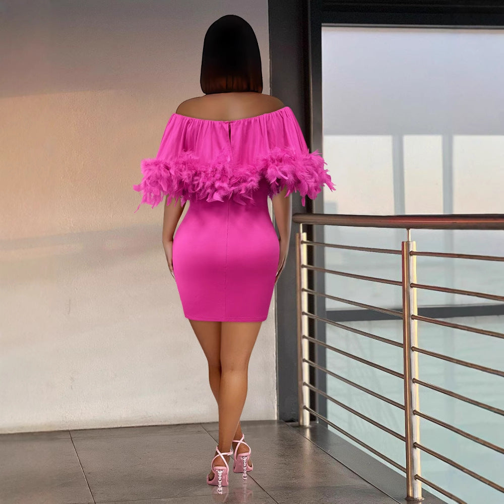K3323 European and American sexy, one-word shoulder feather flash elastic hip-wrapped slim dress