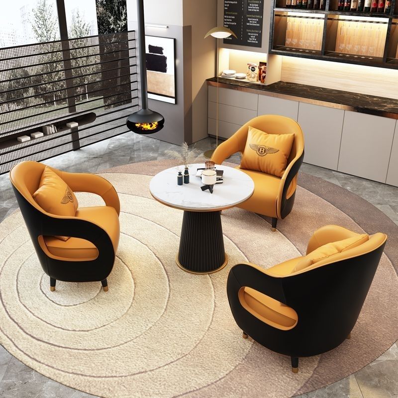 Minimalist commercial reception area casual sofa small round table set hotel reception negotiation table and chairs business leather sofa