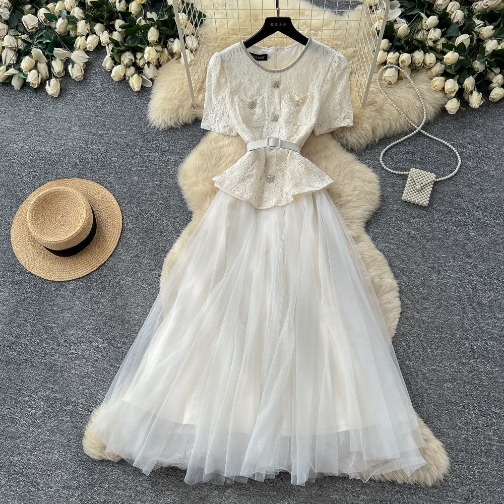 Xiaoxiangfeng socialite pink lace a-line dress women's summer waist slimming look mesh long skirt classy sense of commuting