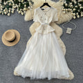 Xiaoxiangfeng socialite pink lace a-line dress women's summer waist slimming look mesh long skirt classy sense of commuting