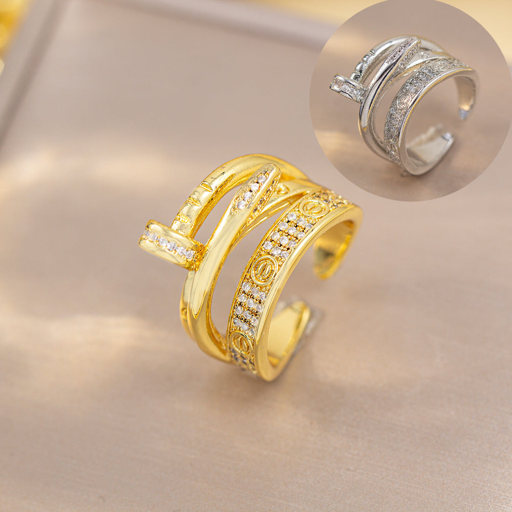 [real gold plating] hot-selling open nail ring for women, micro-embedded light luxury ring, high-end niche hand jewelry