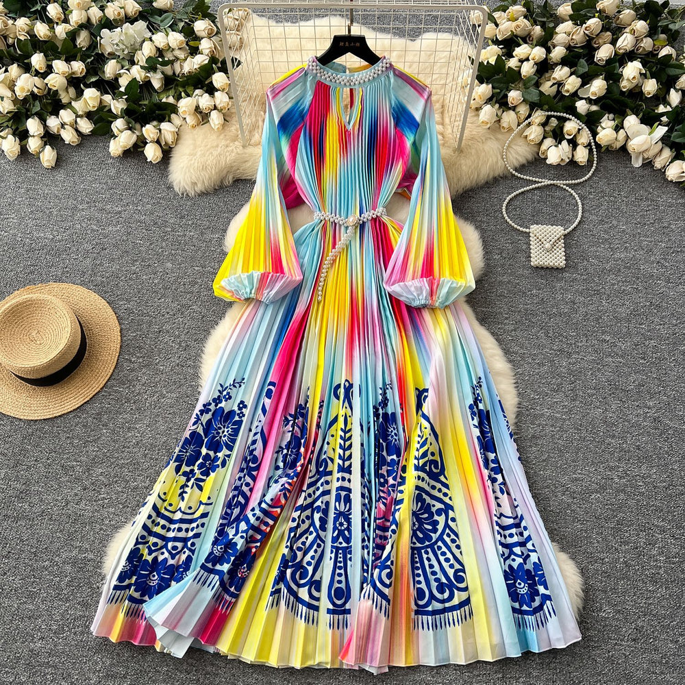 European and american high-end elegant women's fashion beaded round neck hollow-out pleated lantern sleeve cinched waist printed maxi dress