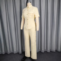 Collared, cutout button-down shirt with tie waist and versatile straight-leg pants set - two-piece set