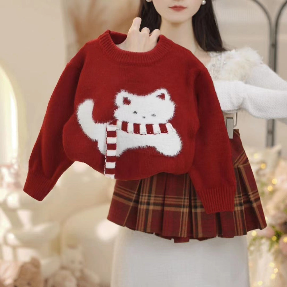 Girls' sweater  new korean style kitten thickened sweater christmas red knitted top new year's greeting outfit