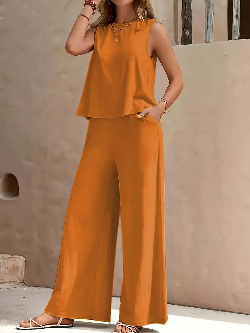 fashion cross-border best sellingpure colorelegancetwo-piece set round neck vest and loose pants suit women's clothing