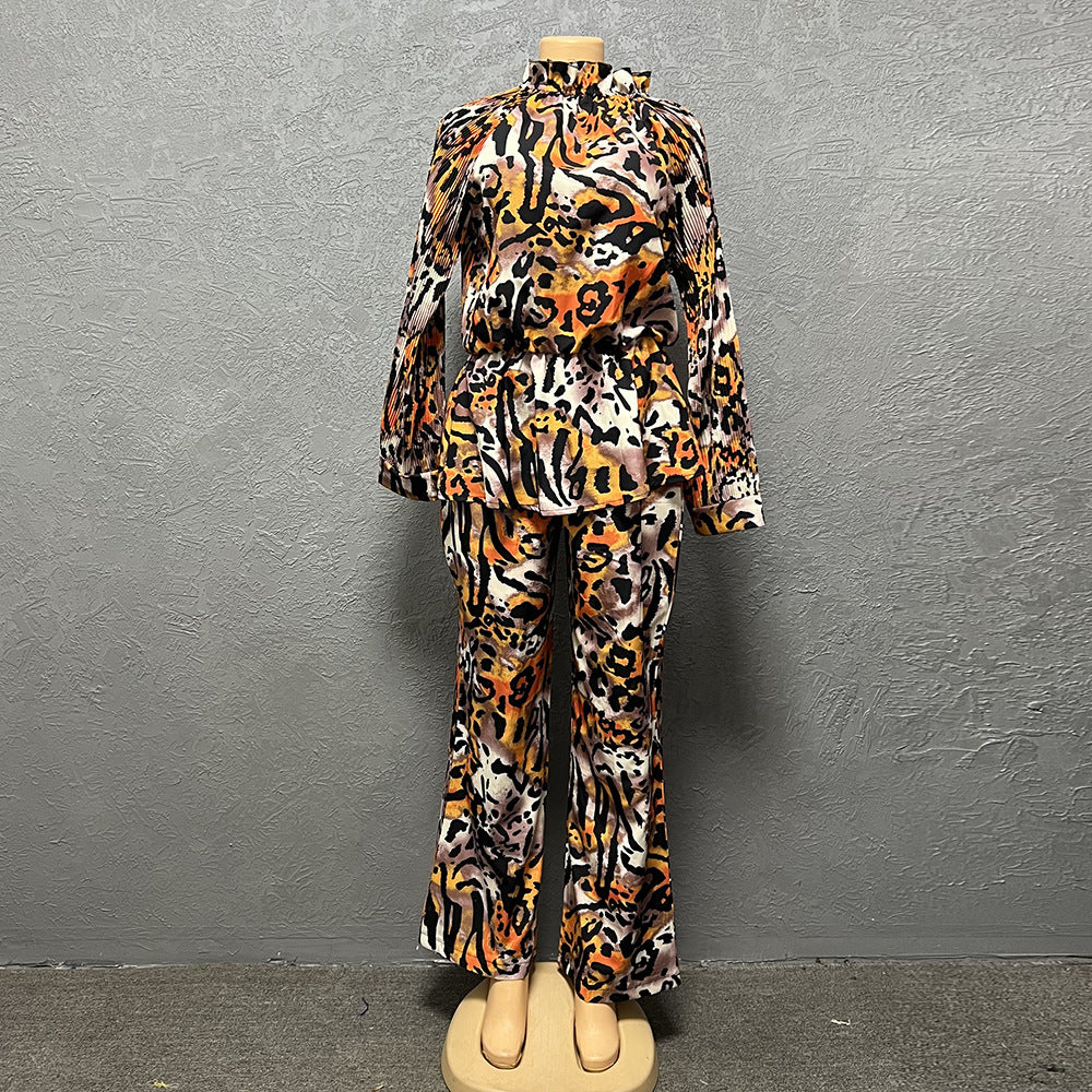 supply digital printing lantern long sleeves pleated waist comfortable tops and pants suit big sale