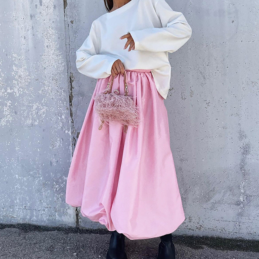 Spring simple fashion pink matte satin tutu skirt balloon skirt women's elegant loose French skirt wholesale