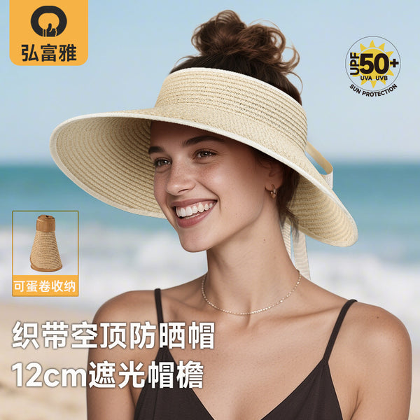 French Tether Straw Empty Top Hat Women's Big Brim Sun Hat UV Protection Beach Seaside Egg Roll Straw Hat
