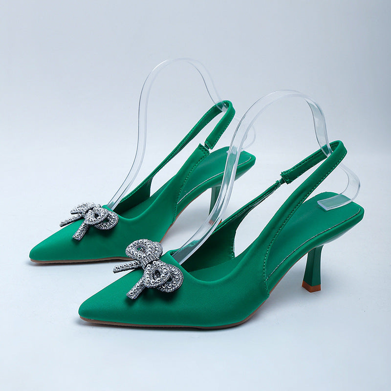 2026 new women's high heel sandals - pointed toe, ankle strap with bow, rhinestone chain detail, stiletto heel, low-cut pumps