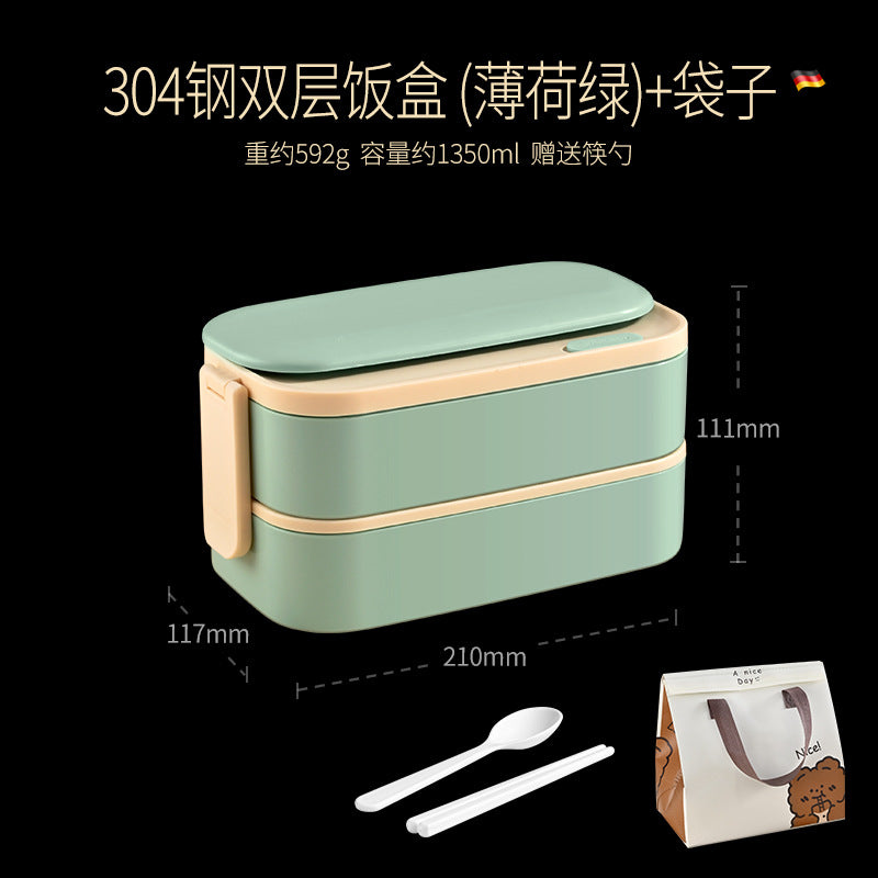 304 stainless steel thermal insulation lunch box Office workers can microwave oven can be heated portable lunch box Double-layer student lunch box