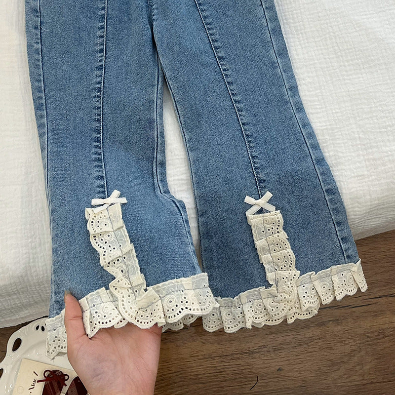 spring new girls' denim jeans - spring collection lace-trimmed flare jeans, stylish and versatile for girls