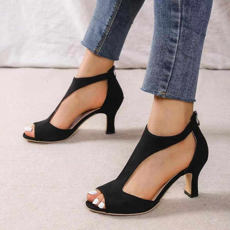 European and american minimalist fashion back zipper bag heel peep-toe women's summer foreign trade plus size side cutout stiletto heel roman sandals wholesale