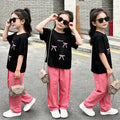 Girls' summer short-sleeve outfit:  new stylish girls' casual summer t-shirt and lightweight wide-leg pants set