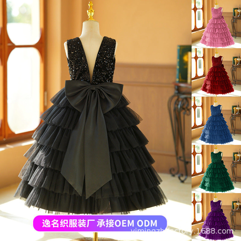 European and american cross-border custom girls' dresses, tutu skirts, little girl's cake skirts, performance costumes, deep v-back with 3d butterfly detail