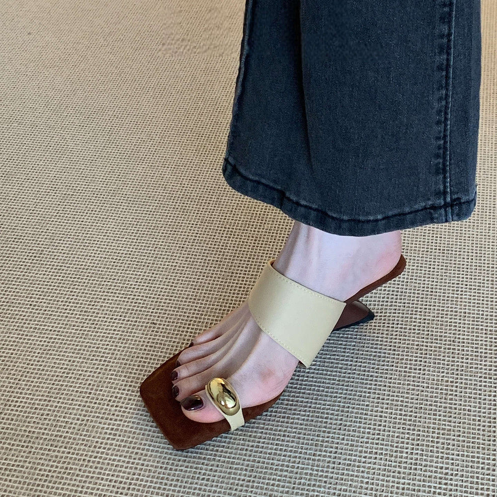 2026 new summer niche square-toe thong sandals with skirt, french wedge heel, slip-on mules, women's outdoor shoes