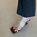 2026 new summer niche square-toe thong sandals with skirt, french wedge heel, slip-on mules, women's outdoor shoes