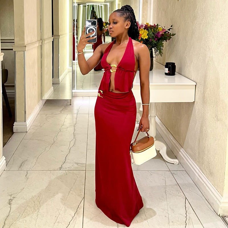 European and american cross-border women's fashion:  autumn new arrivals - sexy and chic halter top with high-waisted slimming midi skirt set