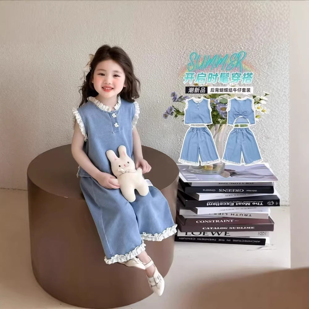 【dropshipping】girls' summer denim outfit  new style kids' tank top wide leg pants fashionable two-piece set baby