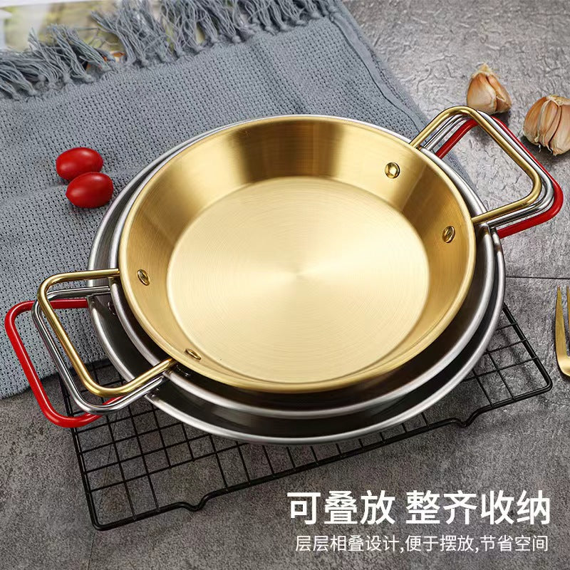 Korean seafood plate stainless steel round thickened spanish plate golden snack plate double ear fried chicken pasta dry pot plate