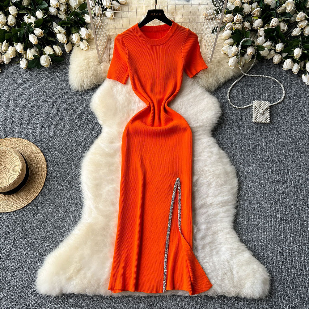 Elegant and chic sequin-embellished midi knit dress for women - summer collection: sexy, slim-fit, round neck, short sleeves, and a flattering slit